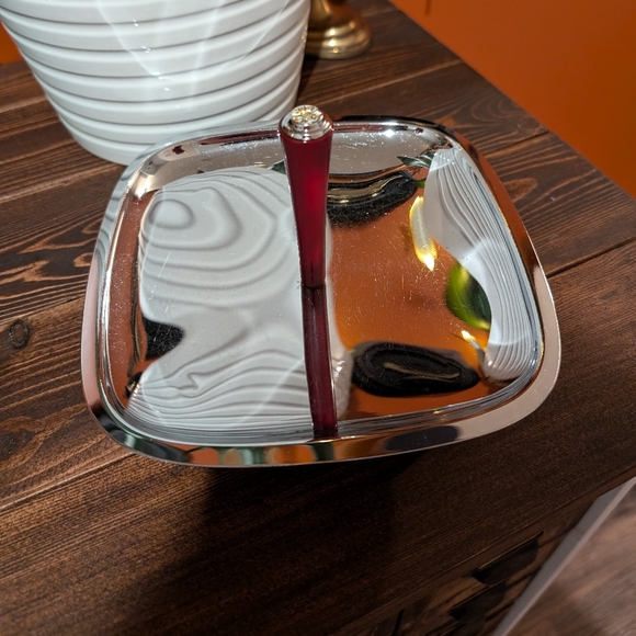 Mid Century Chrome Snack Tray | Bakelite Handle & Feet | Square Stainless Steel - Picture 2 of 4